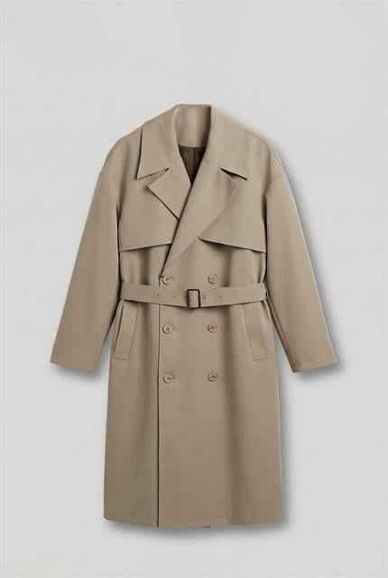Erkek Oversize Kruvaze Kuşaklı Trençkot Bej