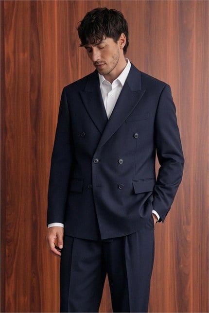 Erkek Oversize Kruvaze Modern Takım Elbise Lacivert
