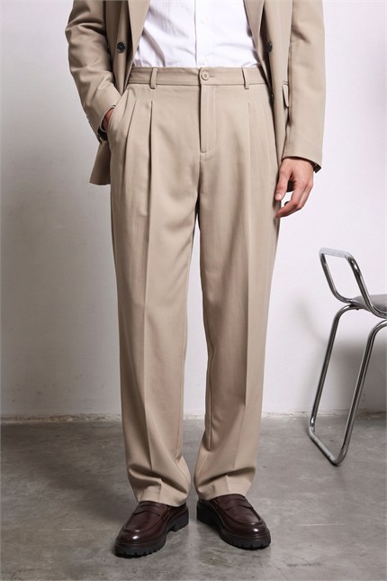 Erkek Oversize Kruvaze Modern Takım Elbise Bej