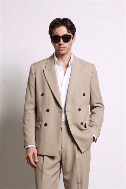 Erkek Oversize Kruvaze Modern Takım Elbise Bej