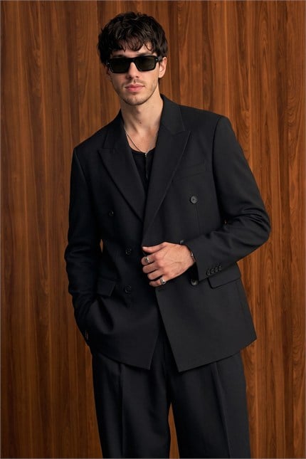 Erkek Oversize Kruvaze Modern Takım Elbise Siyah