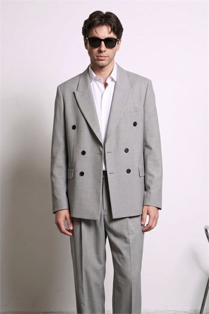 Erkek Oversize Kruvaze Modern Takım Elbise Gri