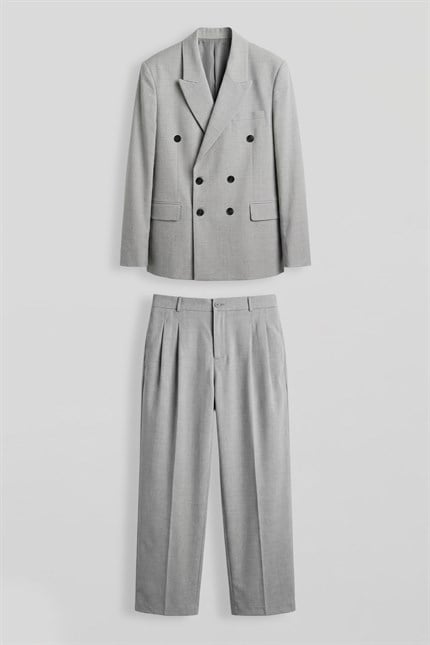 Erkek Oversize Kruvaze Modern Takım Elbise Gri