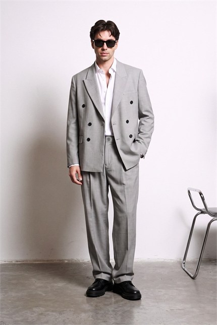 Erkek Oversize Kruvaze Modern Takım Elbise Gri