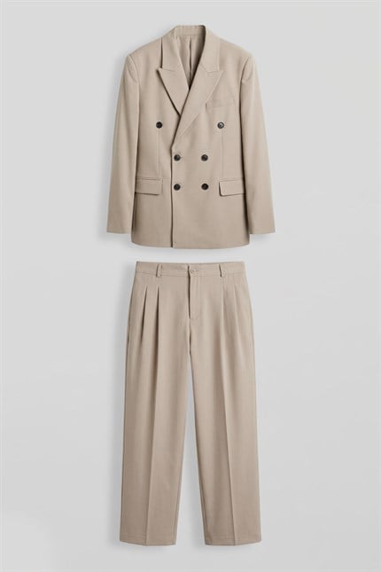 Erkek Oversize Kruvaze Modern Takım Elbise Bej