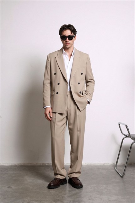 Erkek Oversize Kruvaze Modern Takım Elbise Bej