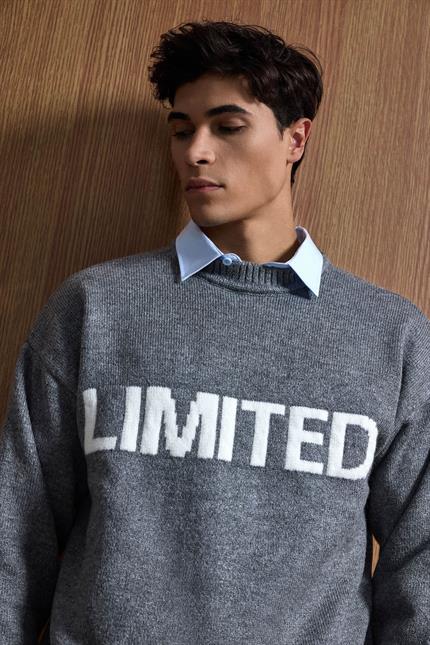 Erkek Oversize Limited Kabartma Baskılı Triko Kazak Füme