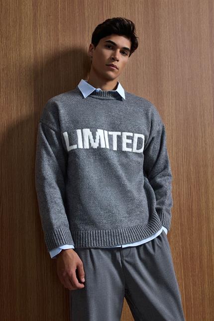 Erkek Oversize Limited Kabartma Baskılı Triko Kazak Füme