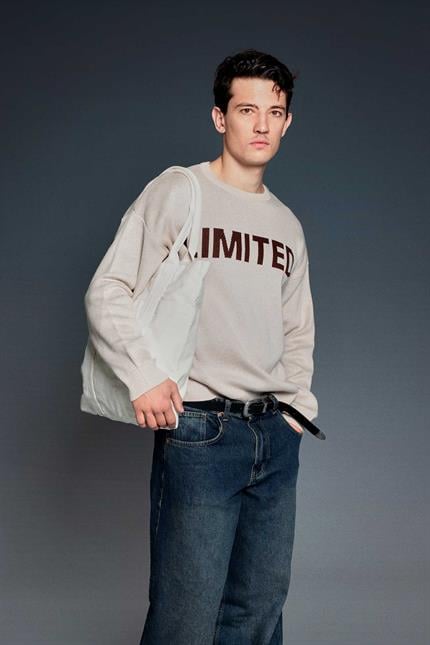 Erkek Oversize Limıted Yazılı Triko Kazak Taş Rengi