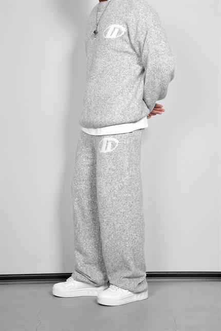 Erkek Oversize Logo Detaylı Tüylü Jogger Pantolon Gri