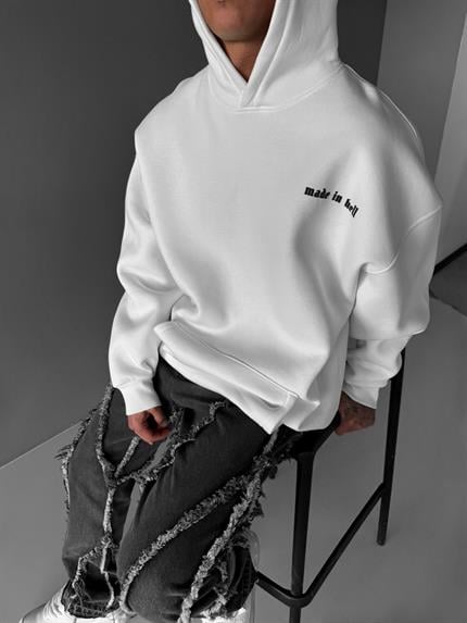 Erkek Oversize 3 İplik Baskılı Kapüşonlu Sweatshirt Ekru