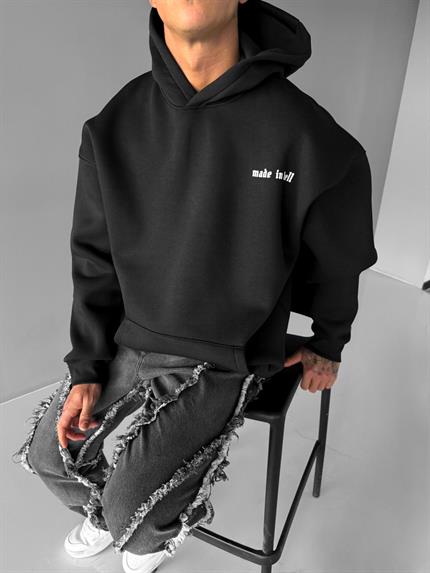Erkek Oversize Baskılı Premium Kapüşonlu Sweatshirt Siyah