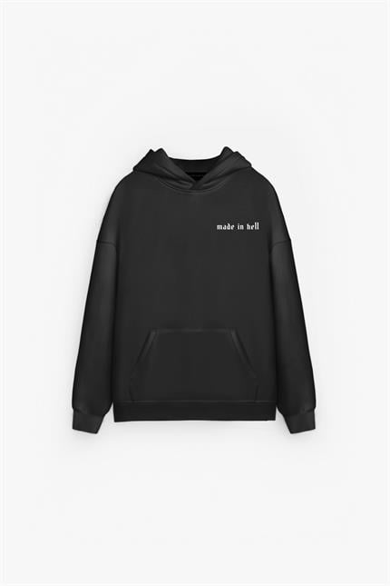 Erkek Oversize Baskılı Premium Kapüşonlu Sweatshirt Siyah