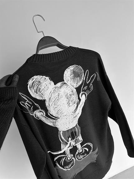 Erkek Oversize Mickey Mouse Kabartma Baskılı Kazak Siyah
