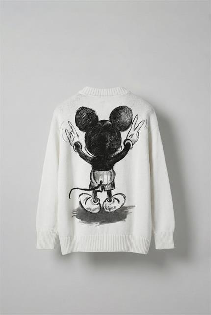 Erkek Oversize Mickey Mouse Kabartma Baskılı Kazak Beyaz