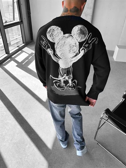 Erkek Oversize Mickey Mouse Kabartma Baskılı Kazak Siyah