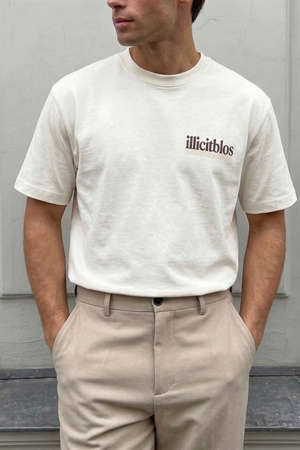 Erkek Oversize Minimal Yazı Baskılı T-Shirt Beyaz