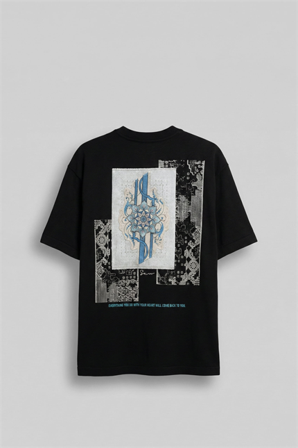 Erkek Oversize Nakış Detaylı Anadolu Motifi T-Shirt Siyah