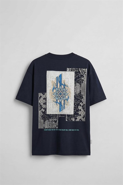 Erkek Oversize Nakış Detaylı Anadolu Motifi T-Shirt Lacivert