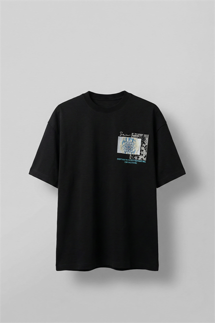 Erkek Oversize Nakış Detaylı Anadolu Motifi T-Shirt Siyah