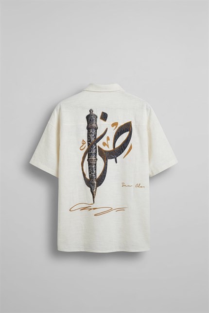 Erkek Oversize Nakış Detaylı Pamuklu Kısa Kollu Gömlek Ekru