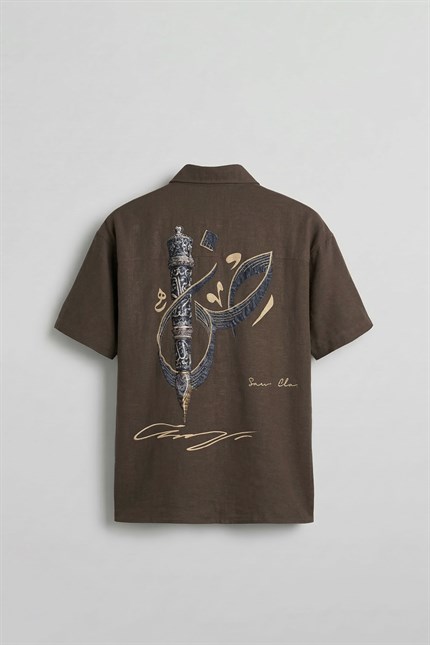 Erkek Oversize Nakış Detaylı Pamuklu Kısa Kollu Gömlek Kahverengi