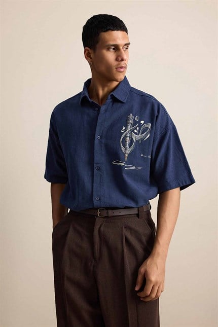 Erkek Oversize Nakış Detaylı Pamuklu Kısa Kollu Gömlek Lacivert