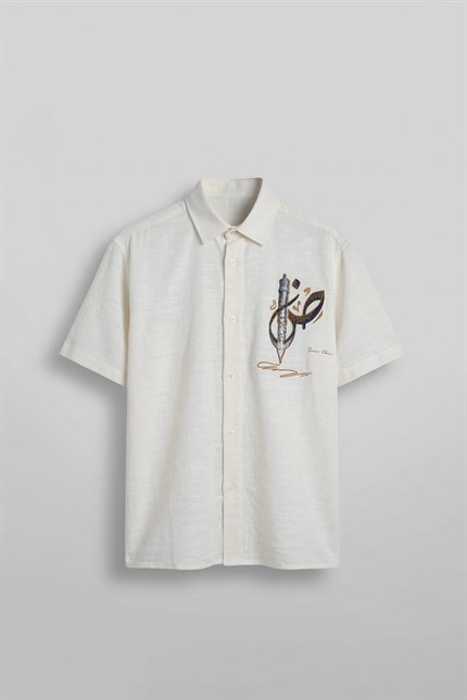 Erkek Oversize Nakış Detaylı Pamuklu Kısa Kollu Gömlek Ekru