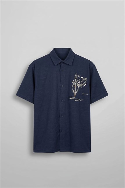 Erkek Oversize Nakış Detaylı Pamuklu Kısa Kollu Gömlek Lacivert