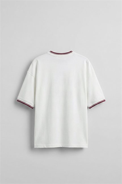 Erkek Oversize Nakışlı Kontrast Yaka Kolej T-Shirt Ekru