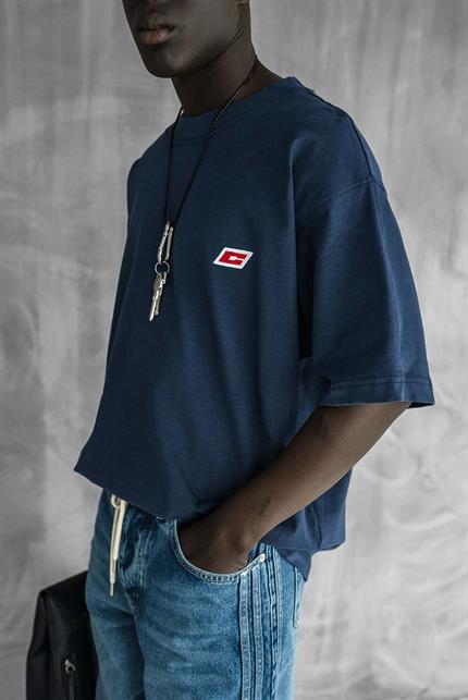 Erkek Oversize Nakışlı T-Shirt Mavi