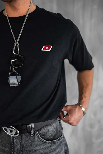 Erkek Oversize Nakışlı T-Shirt Siyah