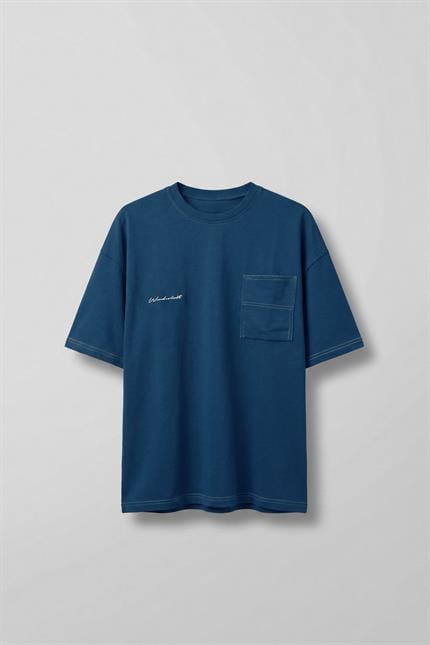 Erkek Oversize Nakışlı Ters Cep Detaylı T-Shirt Mavi