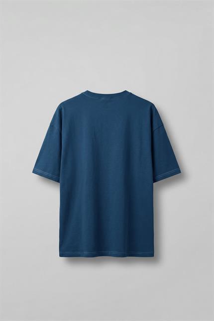 Erkek Oversize Nakışlı Ters Cep Detaylı T-Shirt Mavi
