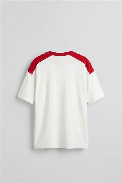 Erkek Oversize Nakışlı Ülke Temalı Forma T-Shirt Ekru/Kırmızı