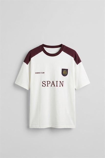 Erkek Oversize Nakışlı Ülke Temalı Forma T-Shirt Ekru/Bordo