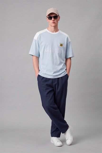 Erkek Oversize Nakışlı Ülke Temalı Forma T-Shirt Bebek Mavi