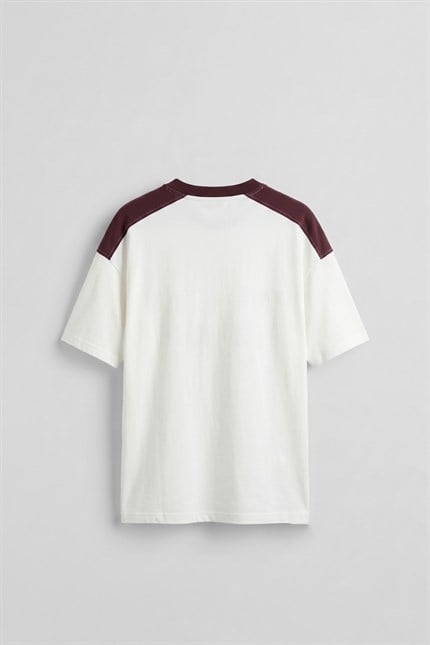 Erkek Oversize Nakışlı Ülke Temalı Forma T-Shirt Ekru/Bordo