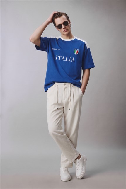 Erkek Oversize Nakışlı Ülke Temalı Forma T-Shirt Saks Mavi