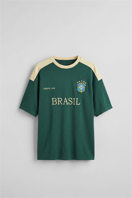 Erkek Oversize Nakışlı Ülke Temalı Forma T-Shirt Yeşil