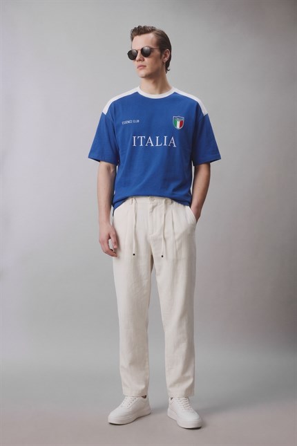 Erkek Oversize Nakışlı Ülke Temalı Forma T-Shirt Saks Mavi