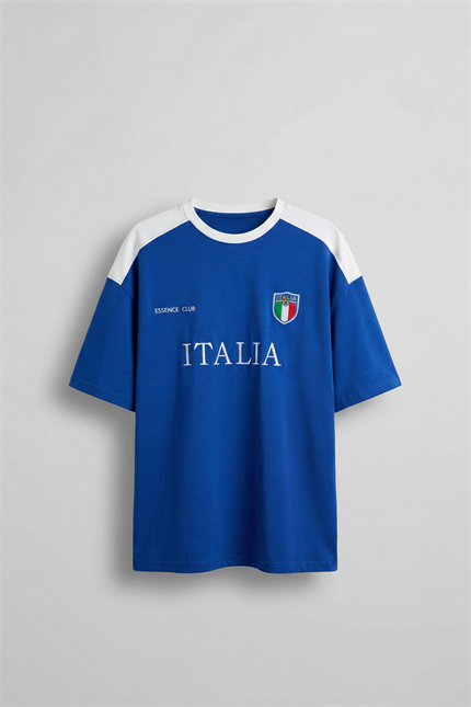 Erkek Oversize Nakışlı Ülke Temalı Forma T-Shirt Saks Mavi