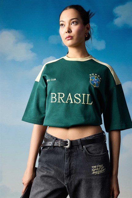 Erkek Oversize Nakışlı Ülke Temalı Forma T-Shirt Yeşil