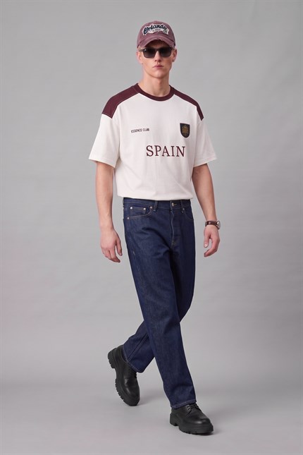 Erkek Oversize Nakışlı Ülke Temalı Forma T-Shirt Ekru/Bordo