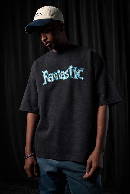 Erkek Oversize Nakışlı Yıkamalı T-Shirt Siyah