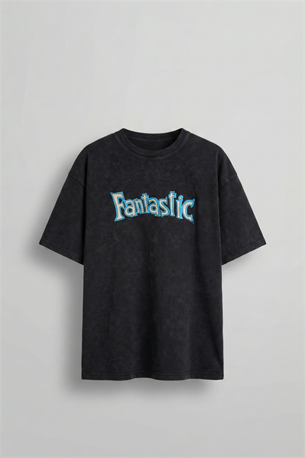 Erkek Oversize Nakışlı Yıkamalı T-Shirt Siyah