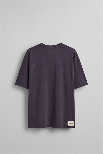 Erkek Oversize Nakışlı Yıkamalı T-Shirt Mürdüm