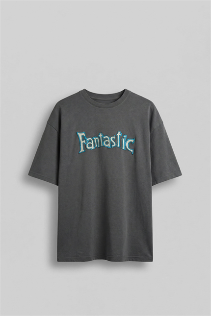 Erkek Oversize Nakışlı Yıkamalı T-Shirt Füme