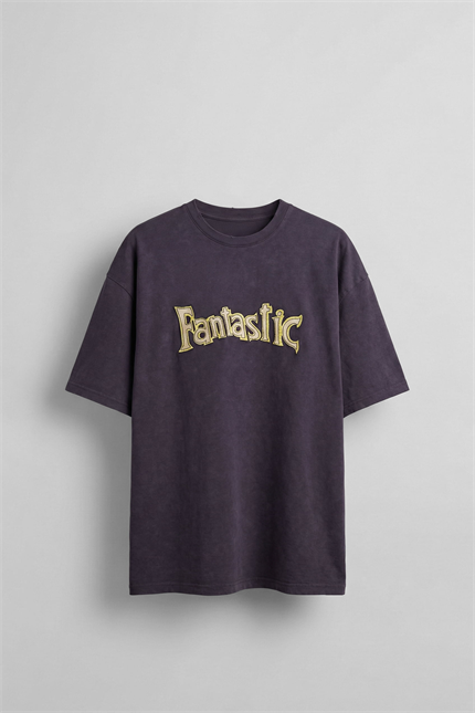 Erkek Oversize Nakışlı Yıkamalı T-Shirt Mürdüm