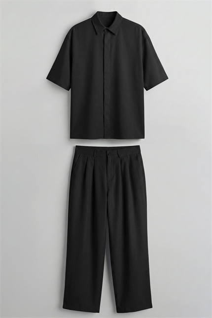 Erkek Oversize Nefes Alan Gömlek Pantolon İkili Takım Siyah